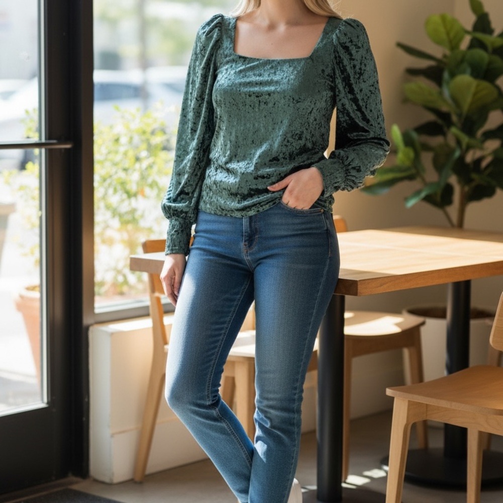 Francesca’s Green Velvet Shoulder Pad Ruched Crop Top XL